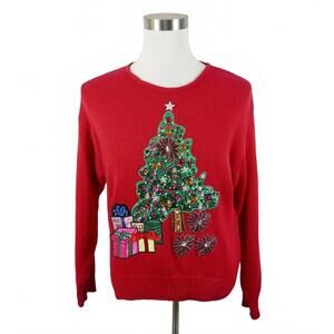 Work In Progress Womens Ramie Blend LS Red Ugly Christmas Sweater Sequin Tree M